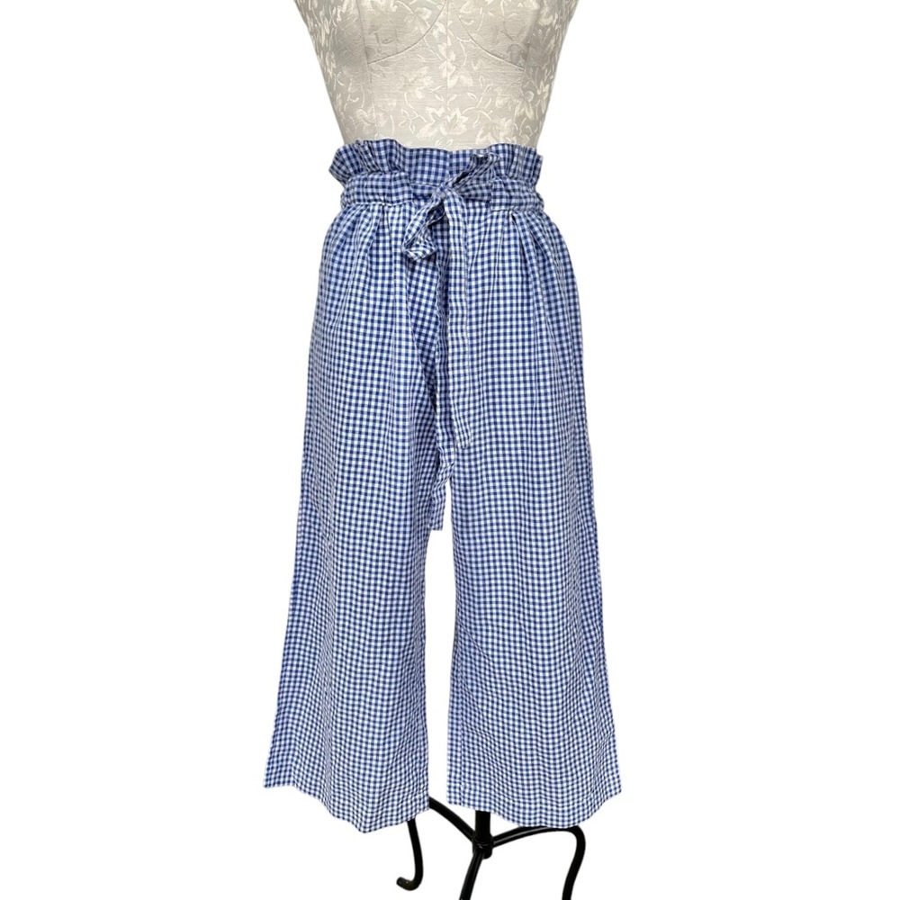 Joie Paper Bag Waist Blue & White Gingham Crop Pants Wide Leg Size Small